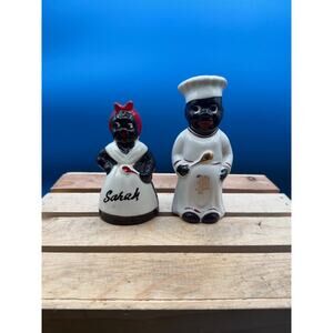 Vintage Ceramic Chef & "Sarah" Salt/ Pepper Shakers Set-Gold Trim/Cork Stoppers